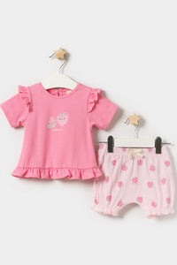 Kız Bebek Fırfır Detaylı T-shirt Örme Müslin Şortlu Yazlık İkili Takım Pembe