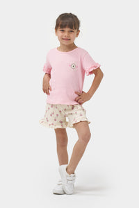 Kız Çocuk Fırfır Detaylı T-shirt Şortlu Örme Müslin Yazlık İkili Takım Pembe