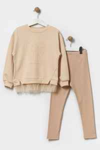 Kız Çocuk Sweatshirt Ve Tayt Pamuklu Alt Üst Takım Açık Bej