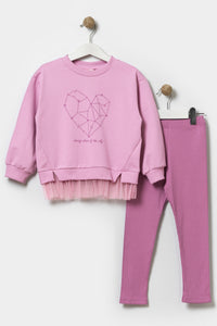 Kız Çocuk Sweatshirt Ve Tayt Pamuklu Alt Üst Takım Koyu Leylak