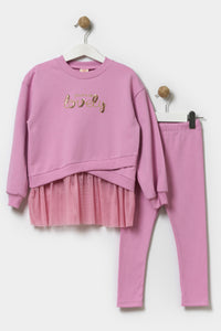 Kız Çocuk Tüllü Sweatshirt Ve Tayt Pamuklu Alt Üst Takım Koyu Leylak
