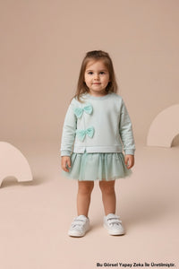 Mevsimlik Uzun Kollu %100 Pamuk Astarlı Kız Bebek Tüllü Elbise Açık Yeşil