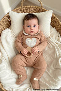 Uzun Kollu %100 Pamuk Bebe Yaka Hediyelik Kız Bebek Patikli Tulum 3-9 Ay Taba