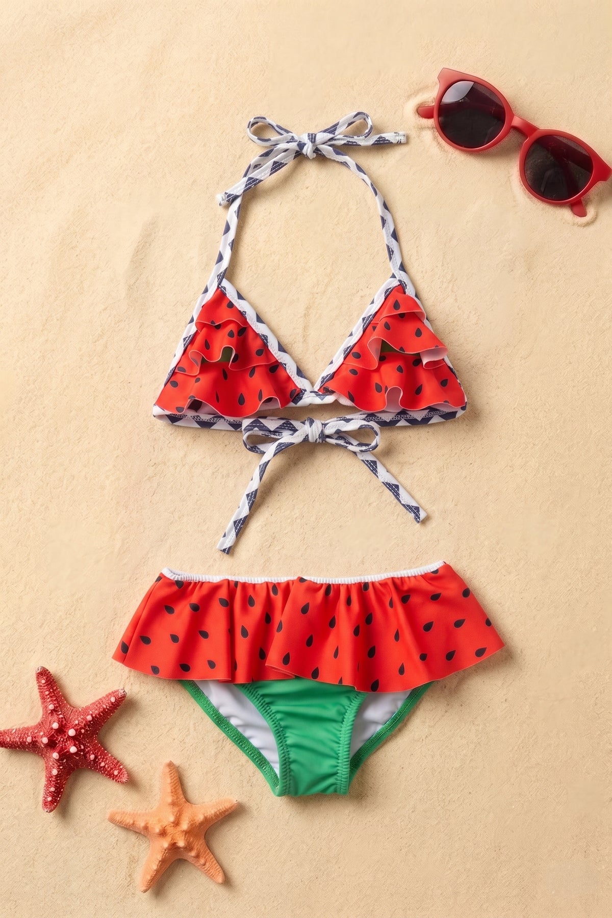 Kız Çocuk Bikini Takımı Üçgen Karpuz Desenli Kırmızı-Yeşil