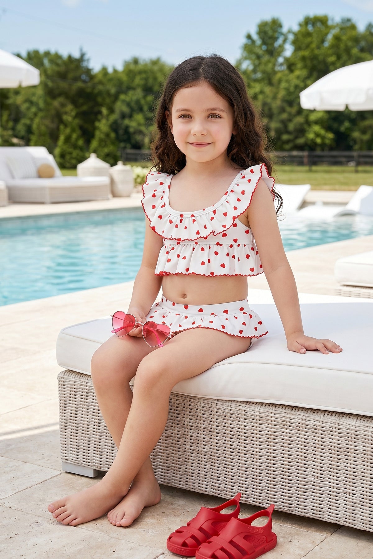 Kız Çocuk Bikini Takımı Fırfır Detaylı Kalp Desenli Kırık Beyaz