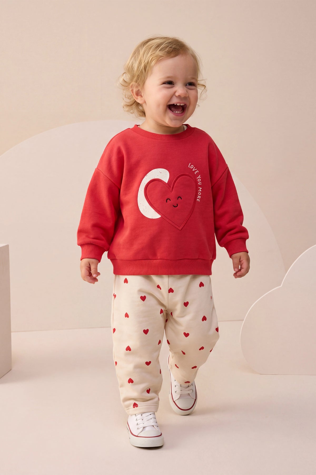 Kız Bebek Alt Üst Takım Baskılı Kalp Detaylı Kırmızı