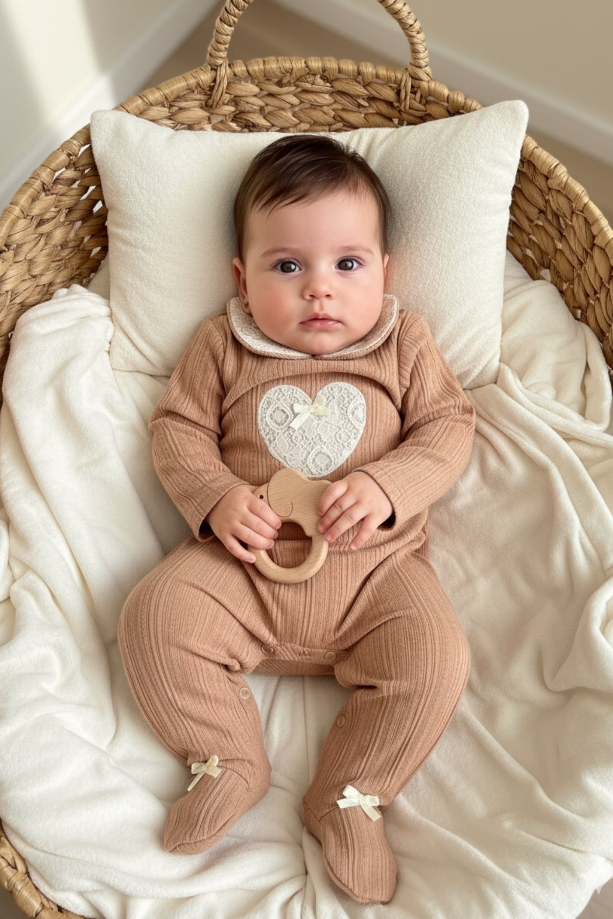 Uzun Kollu %100 Pamuk Bebe Yaka Hediyelik Kız Bebek Patikli Tulum 3-9 Ay Taba