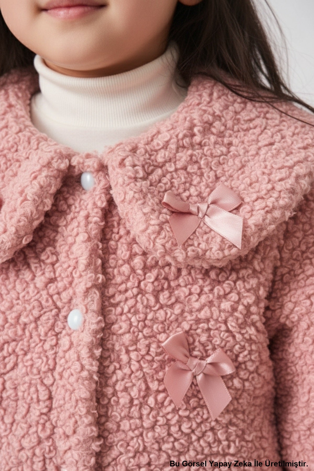 Bebe Yaka Fiyonk Detaylı Düğmeli Kız Çocuk Peluş Ceket Pembe
