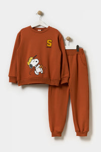 Erkek Çocuk 2 İplik Şardonlu Pamuklu Snoopy Oversize Eşofman Takımı Kiremit