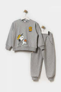 Erkek Çocuk 2 İplik Şardonlu Pamuklu Snoopy Oversize Eşofman Takımı Gri