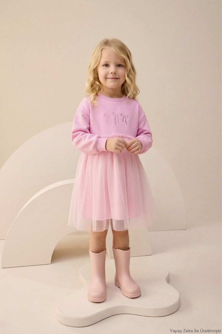 Fiyonk Nakış Detaylı Tüllü Kız Çocuk Elbise Açık Leylak
