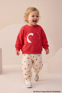 Kız Bebek Alt Üst Takım Baskılı Kalp Detaylı Kırmızı
