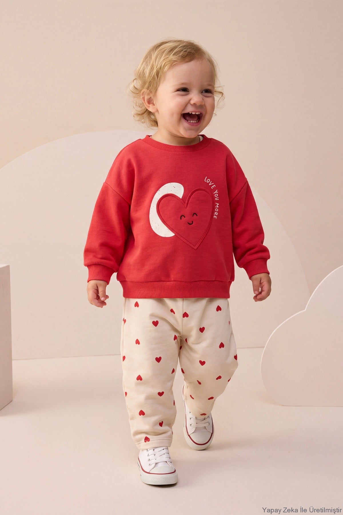 Kız Bebek Alt Üst Takım Baskılı Kalp Detaylı Kırmızı