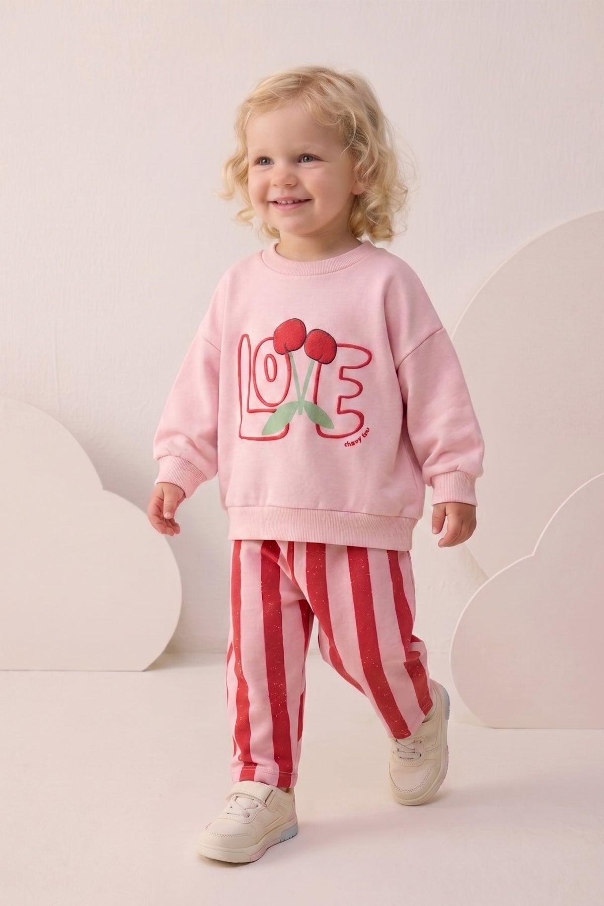 Kız Bebek Alt Üst Takım Çizgili Kabartma Love Baskılı Açık Pembe