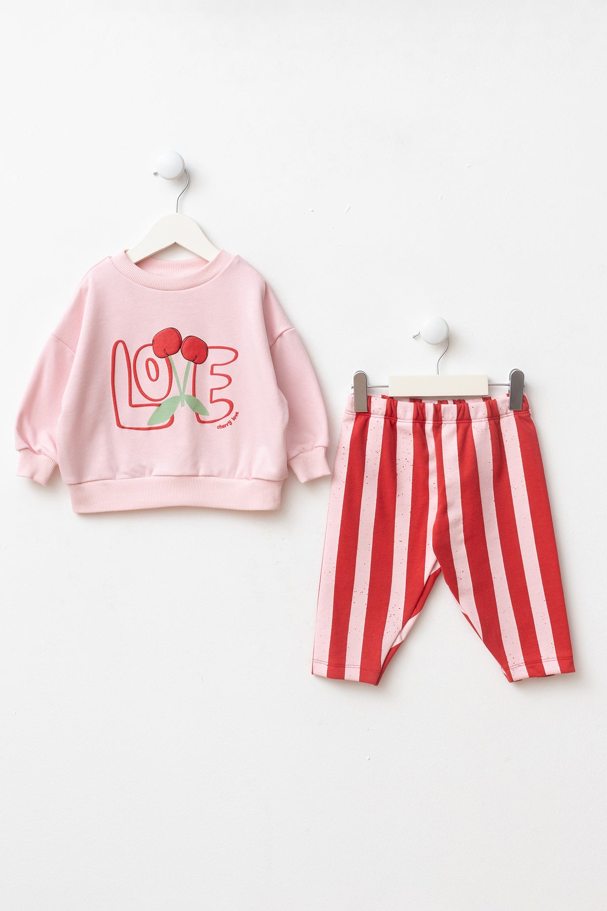 Kız Bebek Alt Üst Takım Çizgili Kabartma Love Baskılı Açık Pembe
