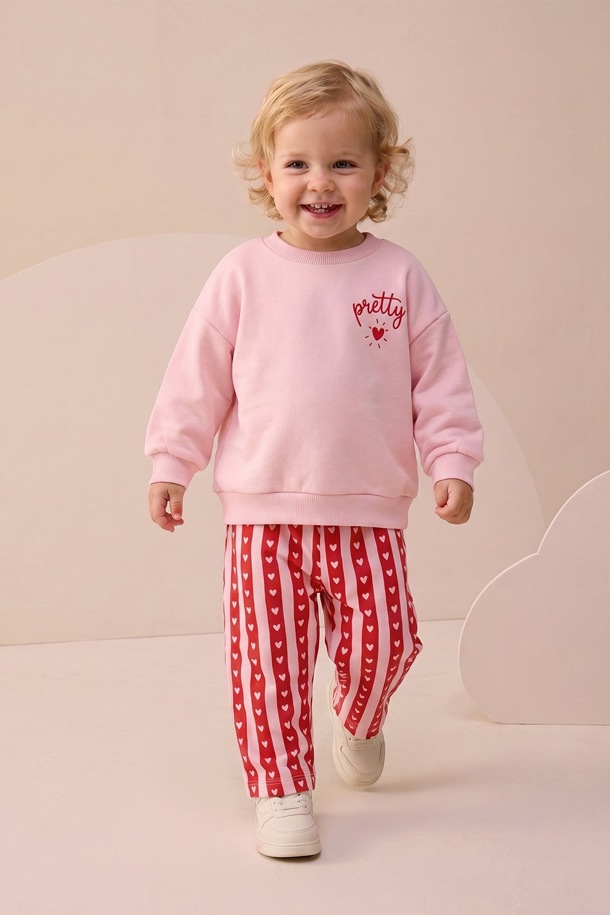 Kız Bebek Alt Üst Takım Çizgili Kalpli Pretty Baskılı Açık Pembe