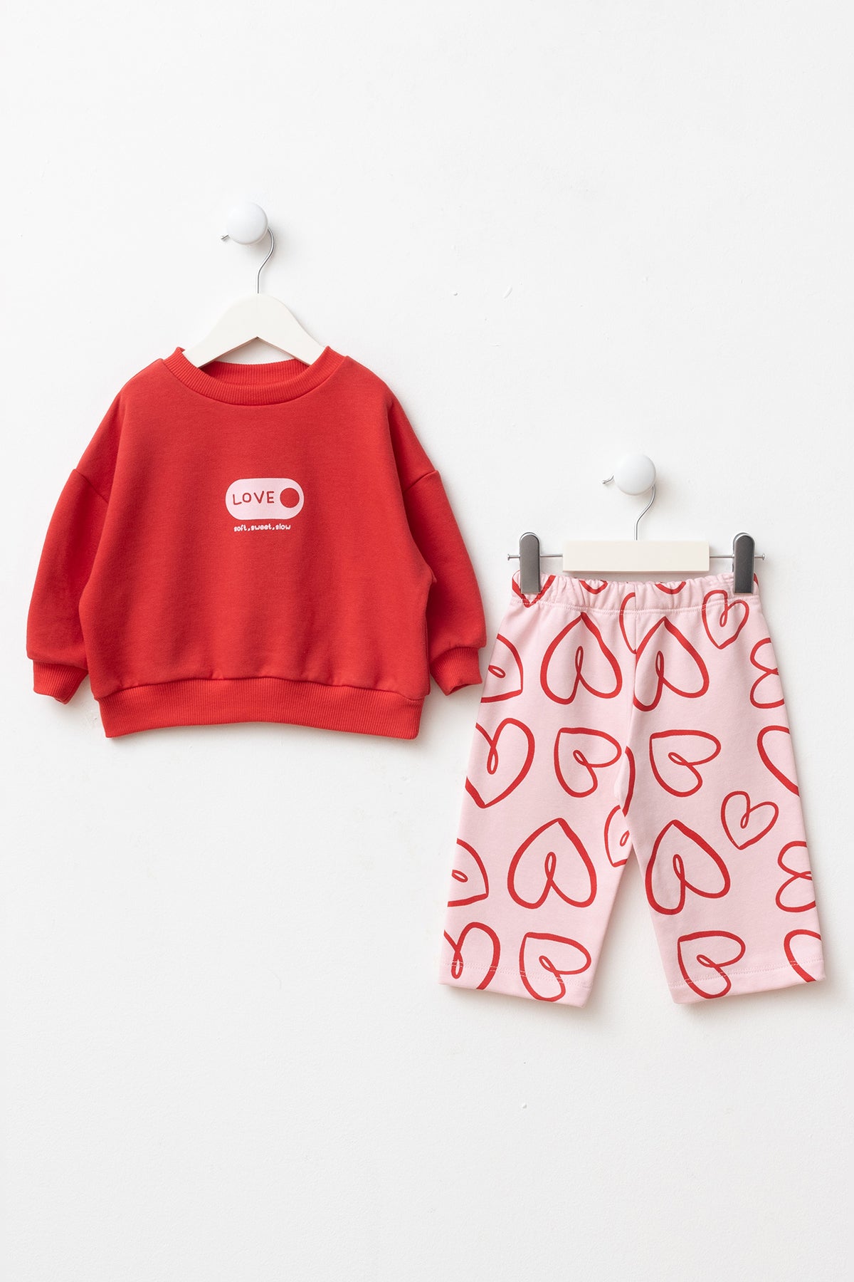 Kız Bebek Alt Üst Takım Kalp Baskılı Love Detaylı Açık Pembe