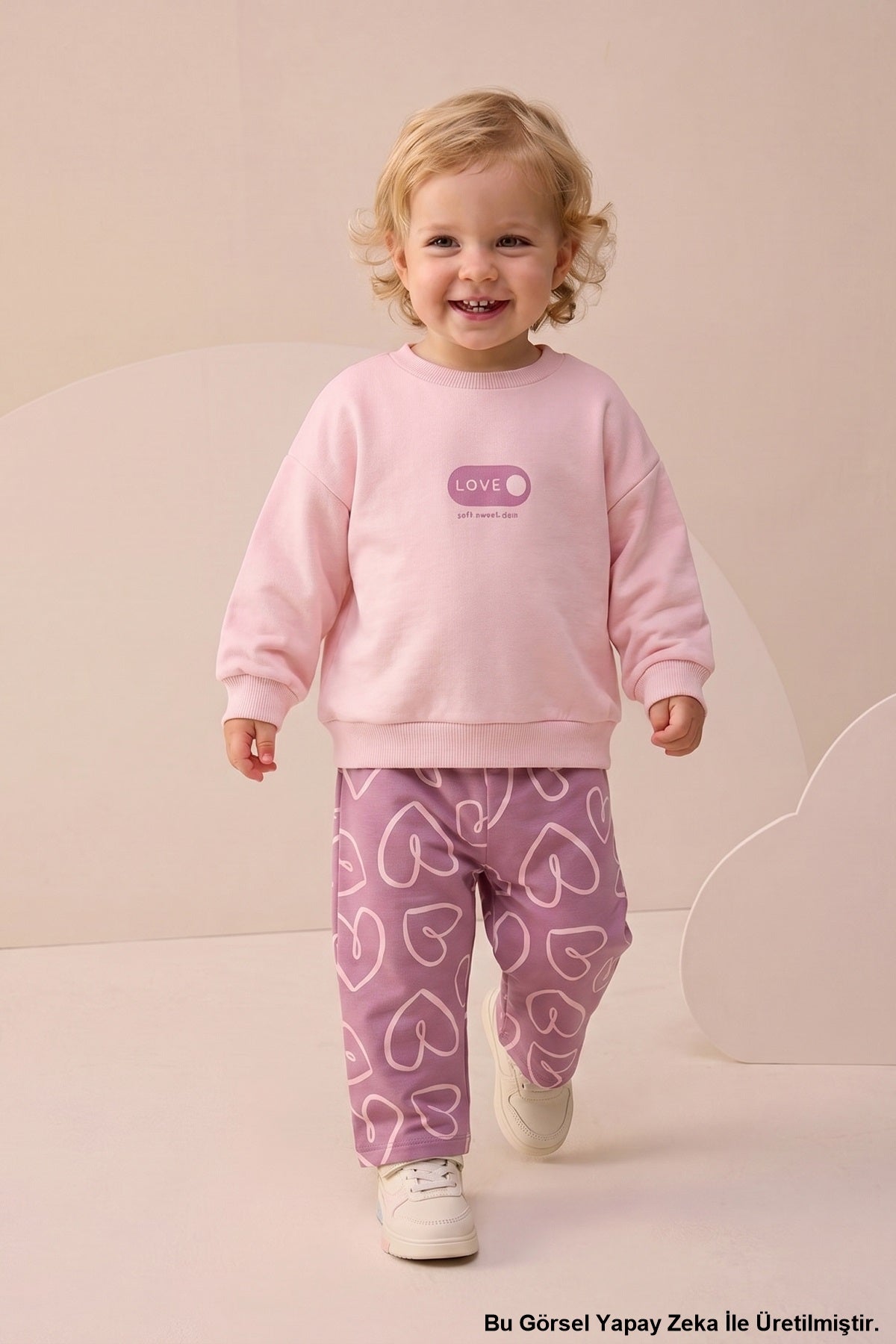 Kız Bebek Alt Üst Takım Kalp Baskılı Love Detaylı Mürdüm