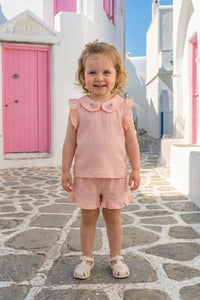 Kız Bebek Bebe Yakalı Şortlu Yazlık Waffle İkili Takım Açık Pembe