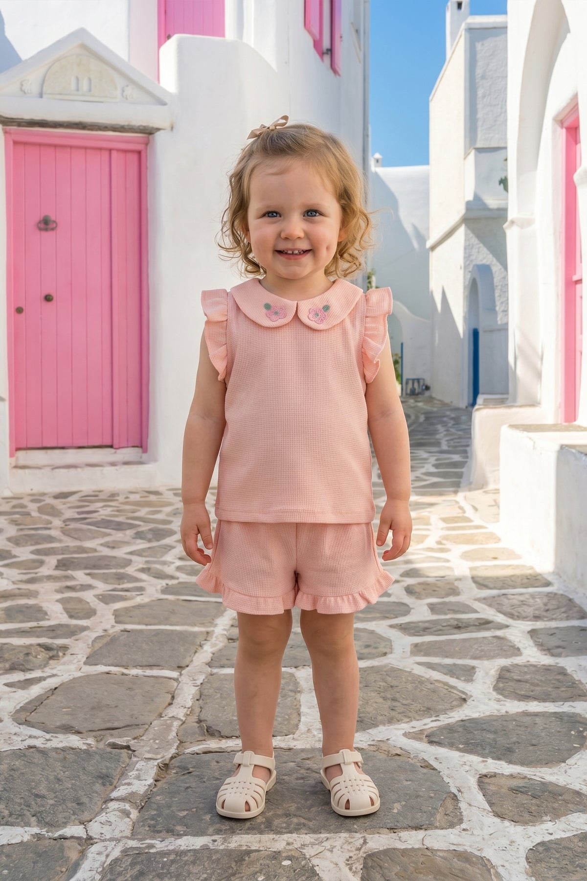 Kız Bebek Bebe Yakalı Şortlu Yazlık Waffle İkili Takım Açık Pembe