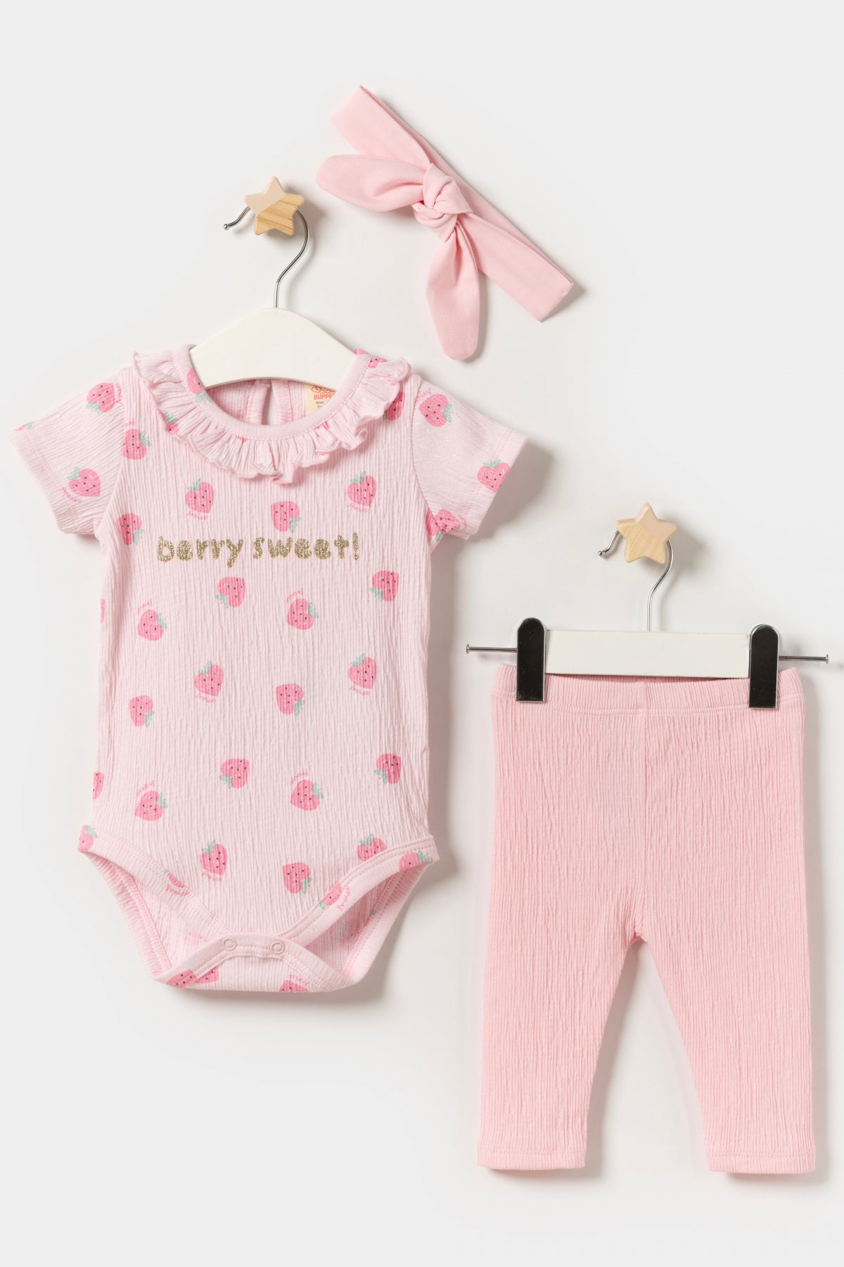 Kız Bebek Body Zıbın Örme Müslin Bandanalı Yazlık 3'lü Takım Pembe
