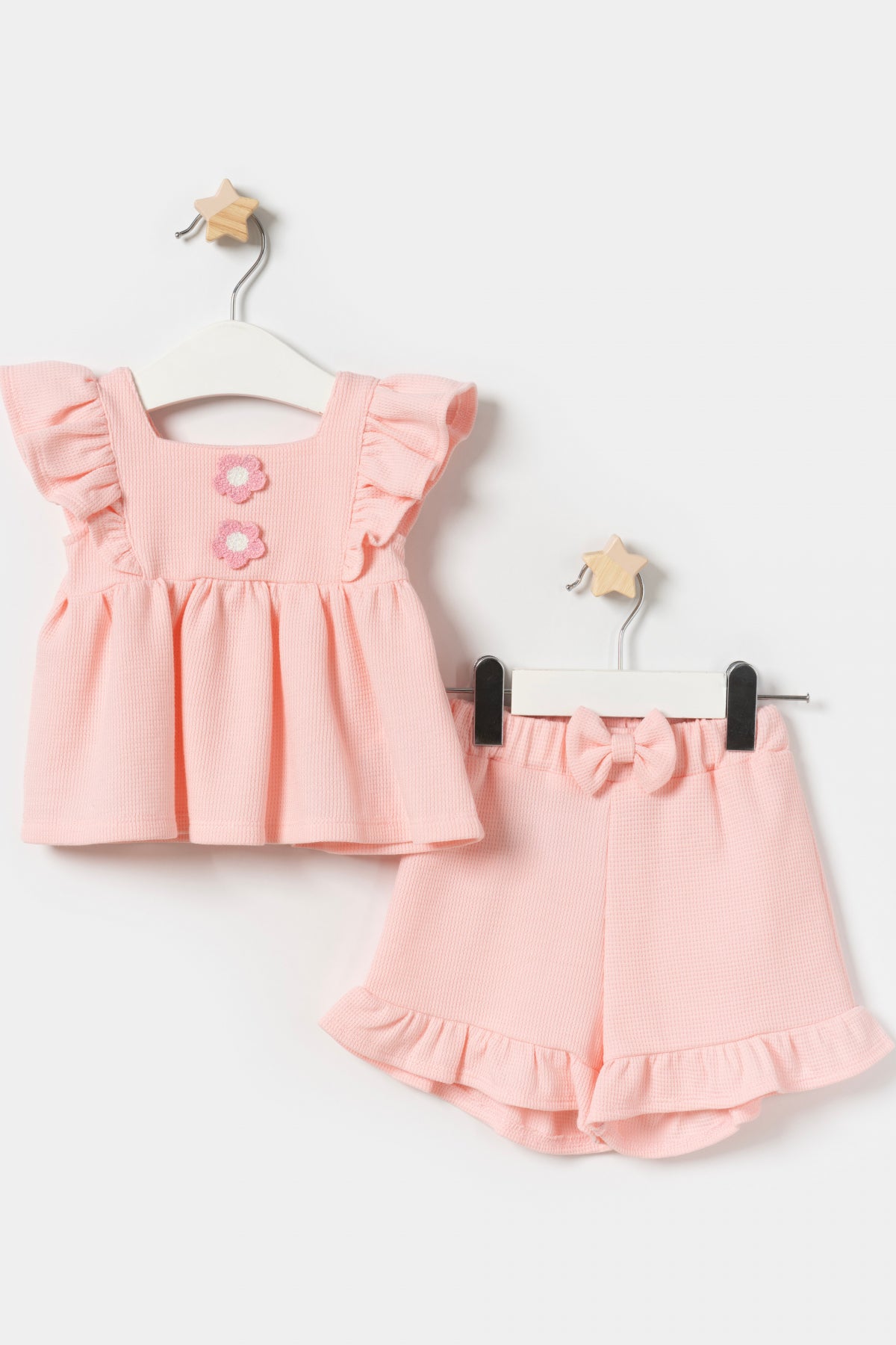 Kız Bebek Çiçek Detaylı Yazlık İkili Takım Açık Pembe