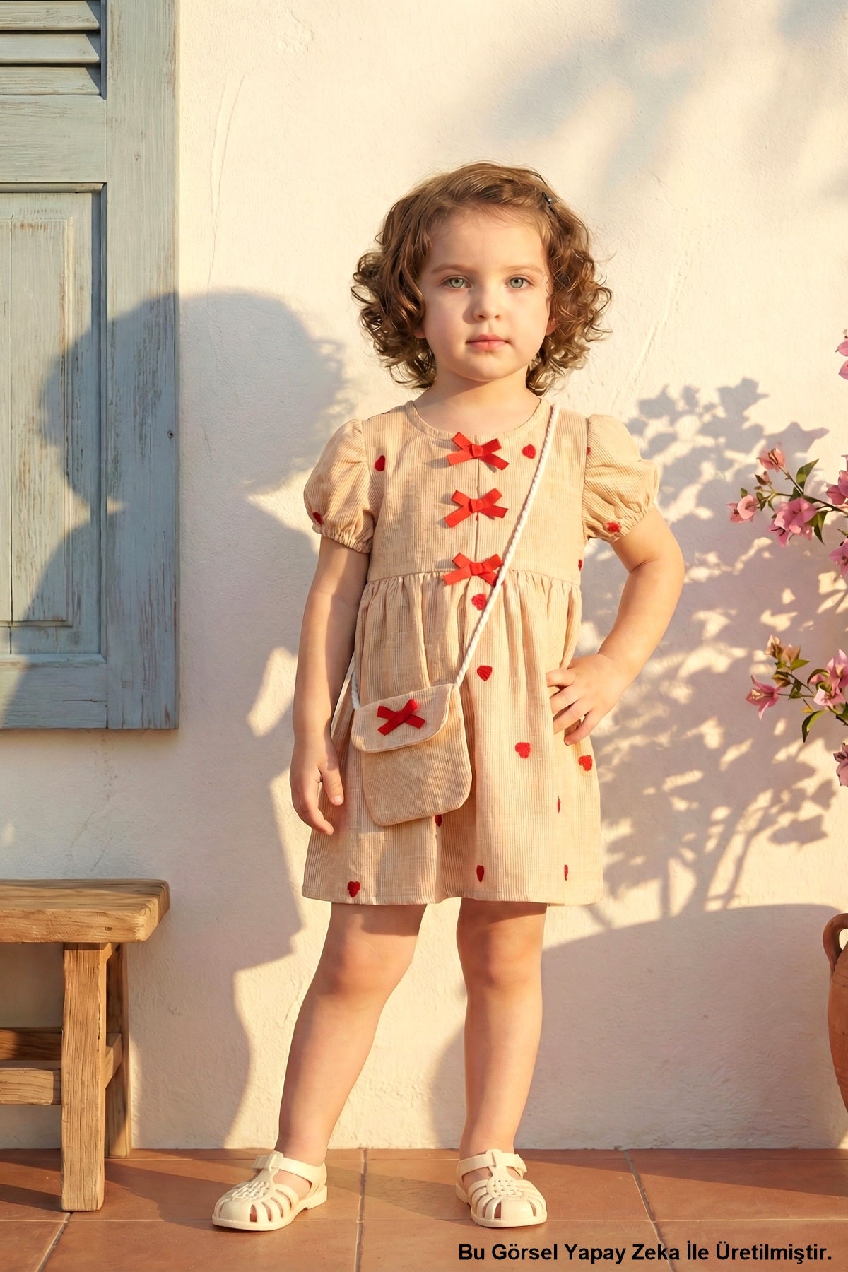 Kız Bebek Elbise Çantalı Fiyonk Detaylı Kalp Nakışlı Sarı