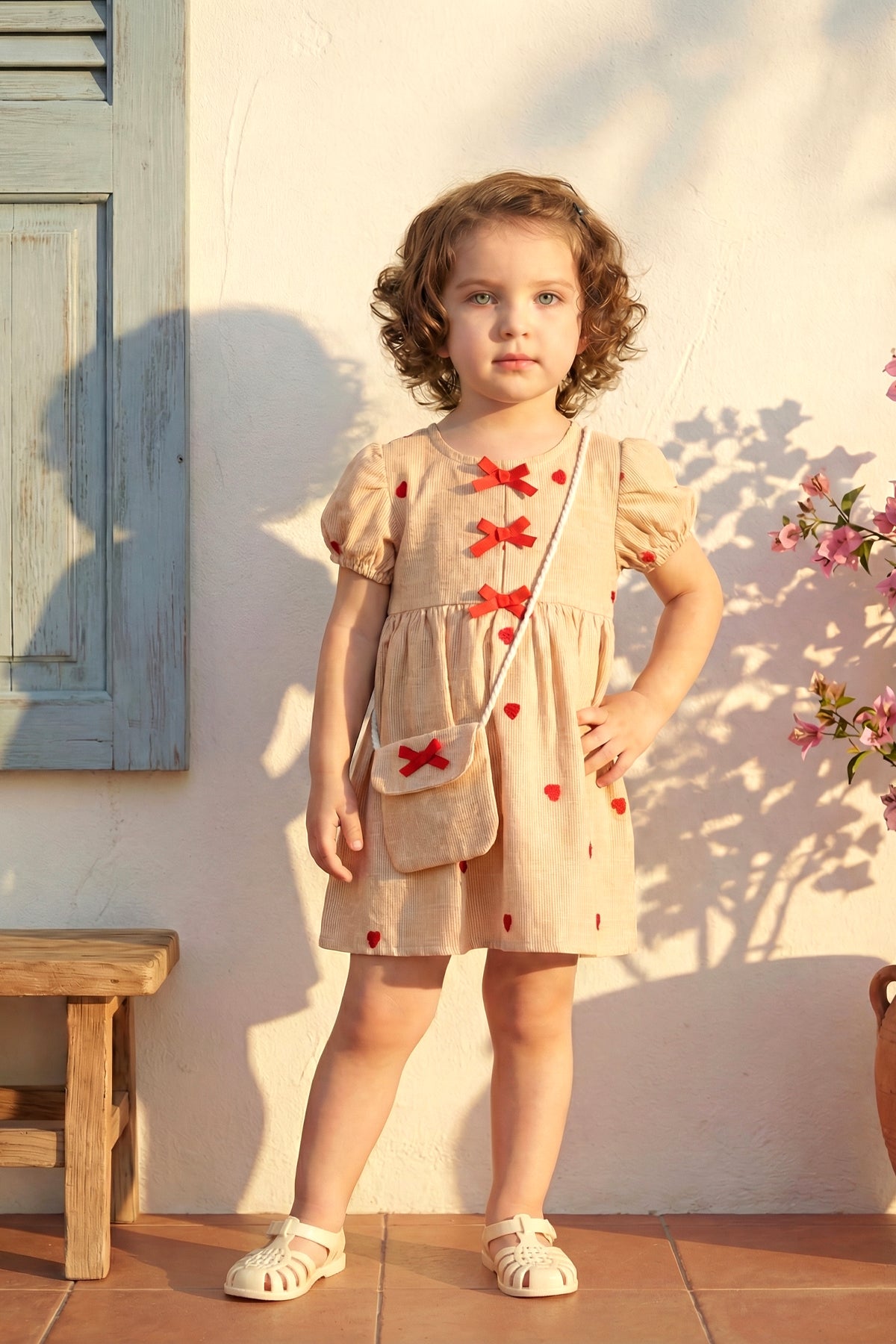 Kız Bebek Elbise Çantalı Fiyonk Detaylı Kalp Nakışlı
