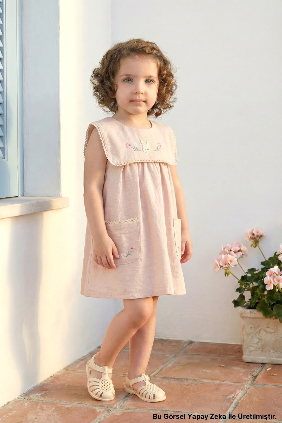 Kız Bebek Elbise Keten Yazlık Bebe Yaka Pudra
