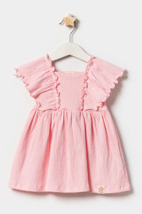 Kız Bebek Fırfır Detaylı Örme Müslin Yazlık Elbise Pembe