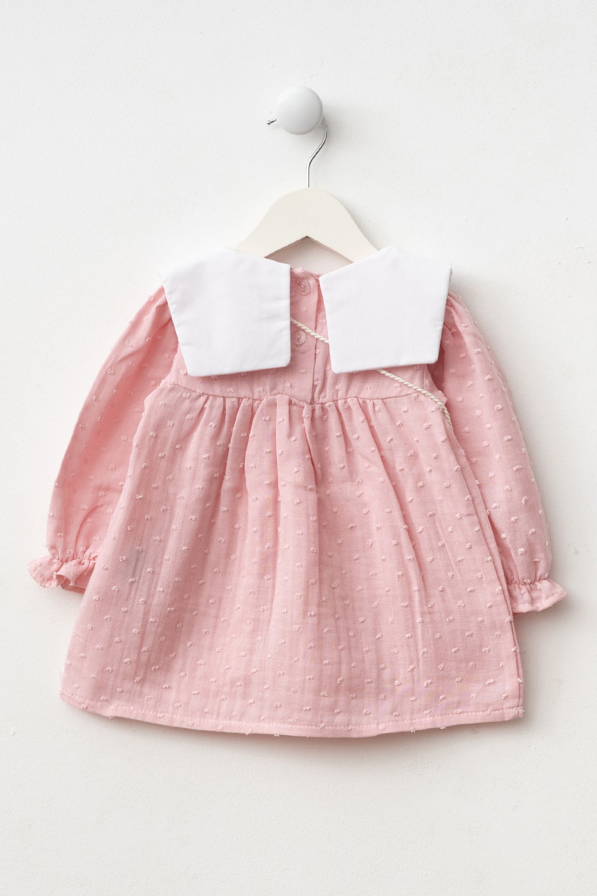 Kız Bebek Nakışlı Bebe Yaka Müslin %100 Pamuk Çantalı Bayramlık Elbise Açık Pembe