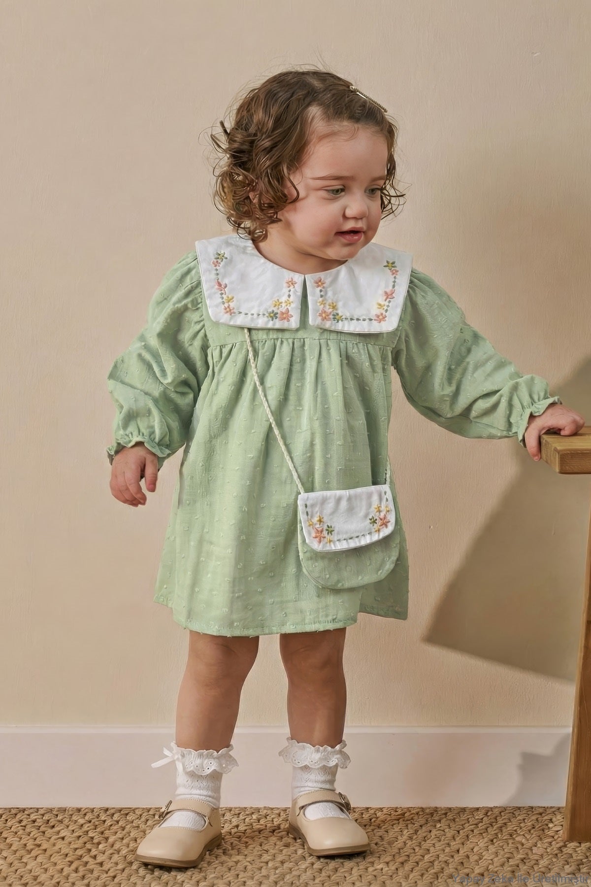 Kız Bebek Nakışlı Bebe Yaka Müslin %100 Pamuk Çantalı Bayramlık Elbise Yeşil