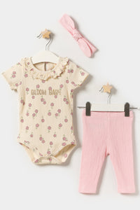 Kız Bebek Örme Müslin Bandanalı Taytlı Yazlık 3'lü Takım Pembe