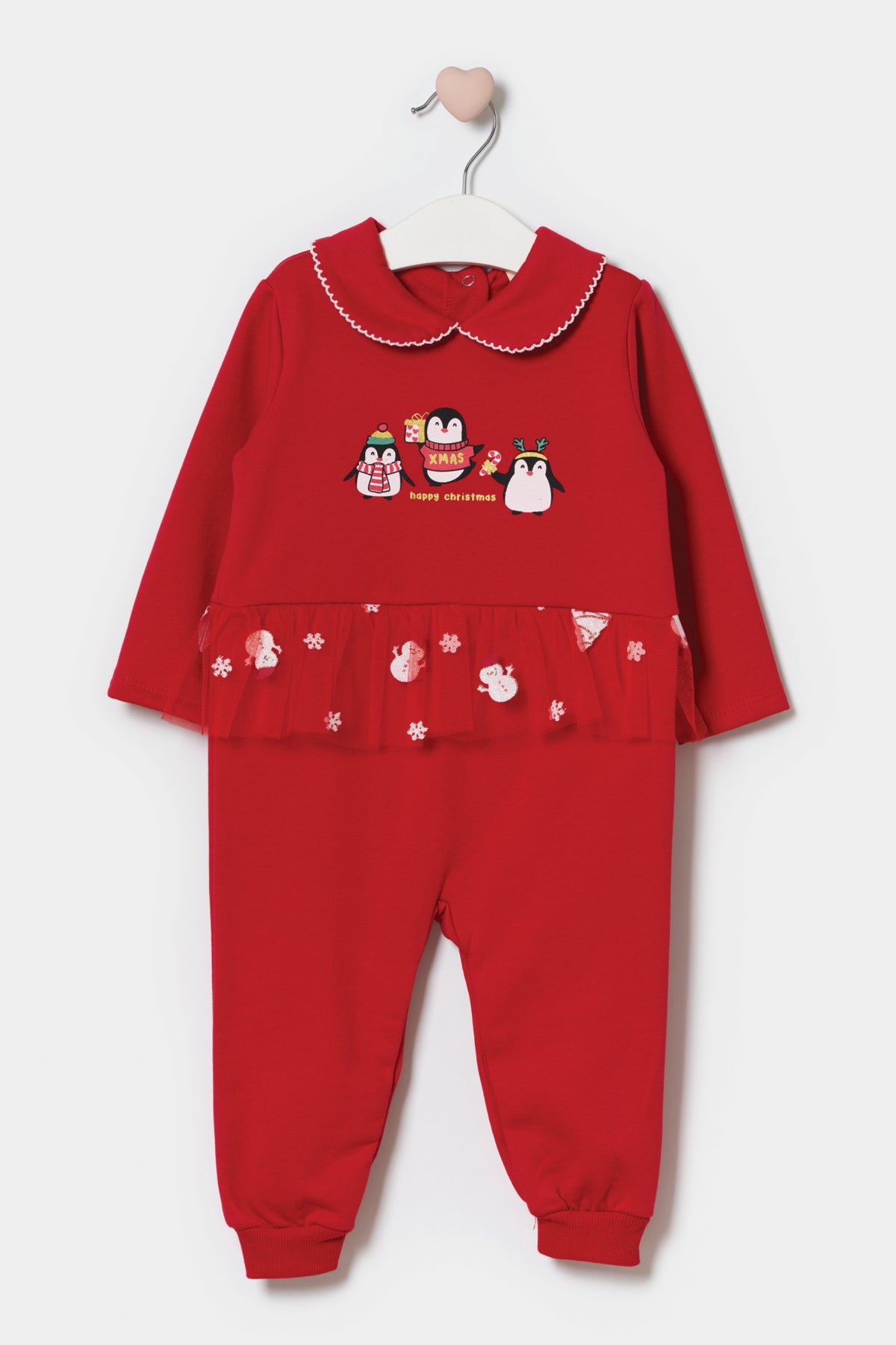 Kız Bebek Penguen Baskılı Yeni Yıl Tulum Kırmızı