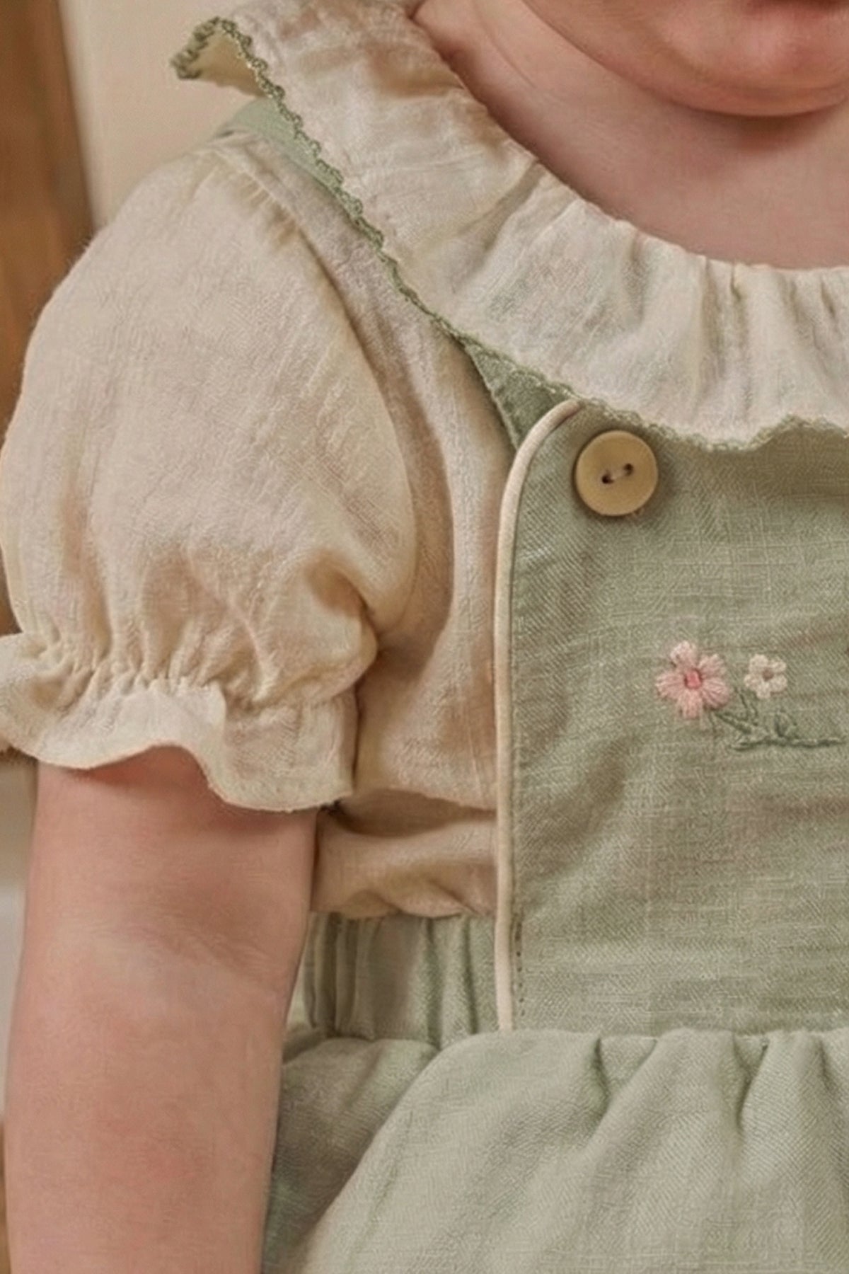 Kız Bebek Salopet Elbise Gömlekli Nakış Detaylı Çağla