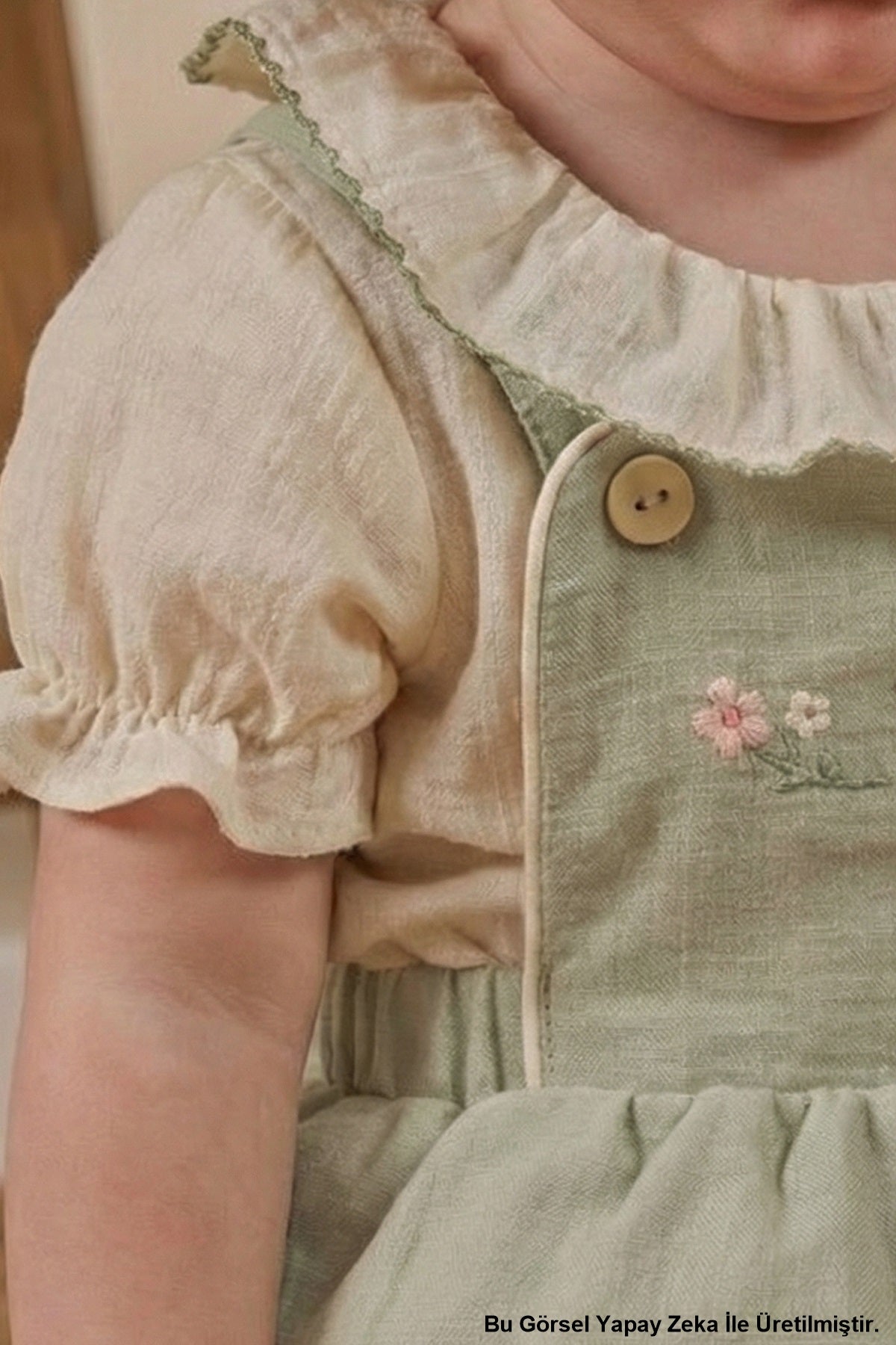 Kız Bebek Salopet Elbise Gömlekli Nakış Detaylı Çağla