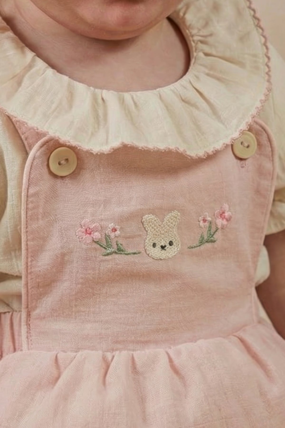 Kız Bebek Salopet Elbise Gömlekli Nakış Detaylı Pudra