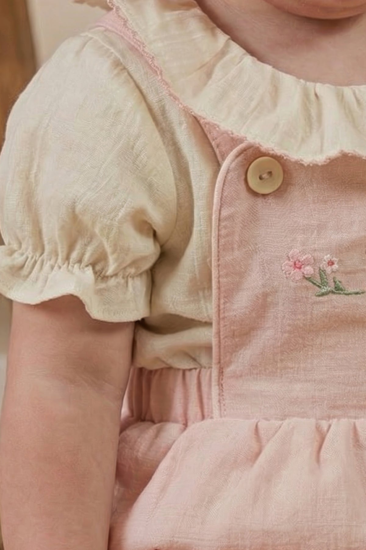 Kız Bebek Salopet Elbise Gömlekli Nakış Detaylı Pudra