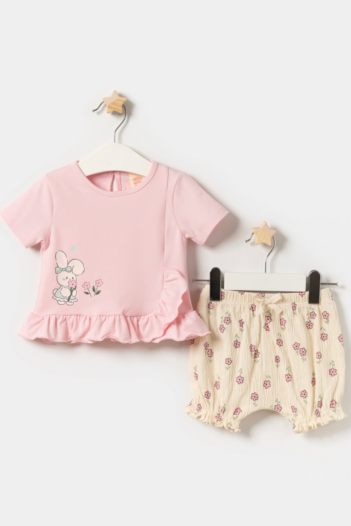 Kız Bebek T-shirt Örme Müslin Şortlu Yazlık İkili Takım Pembe