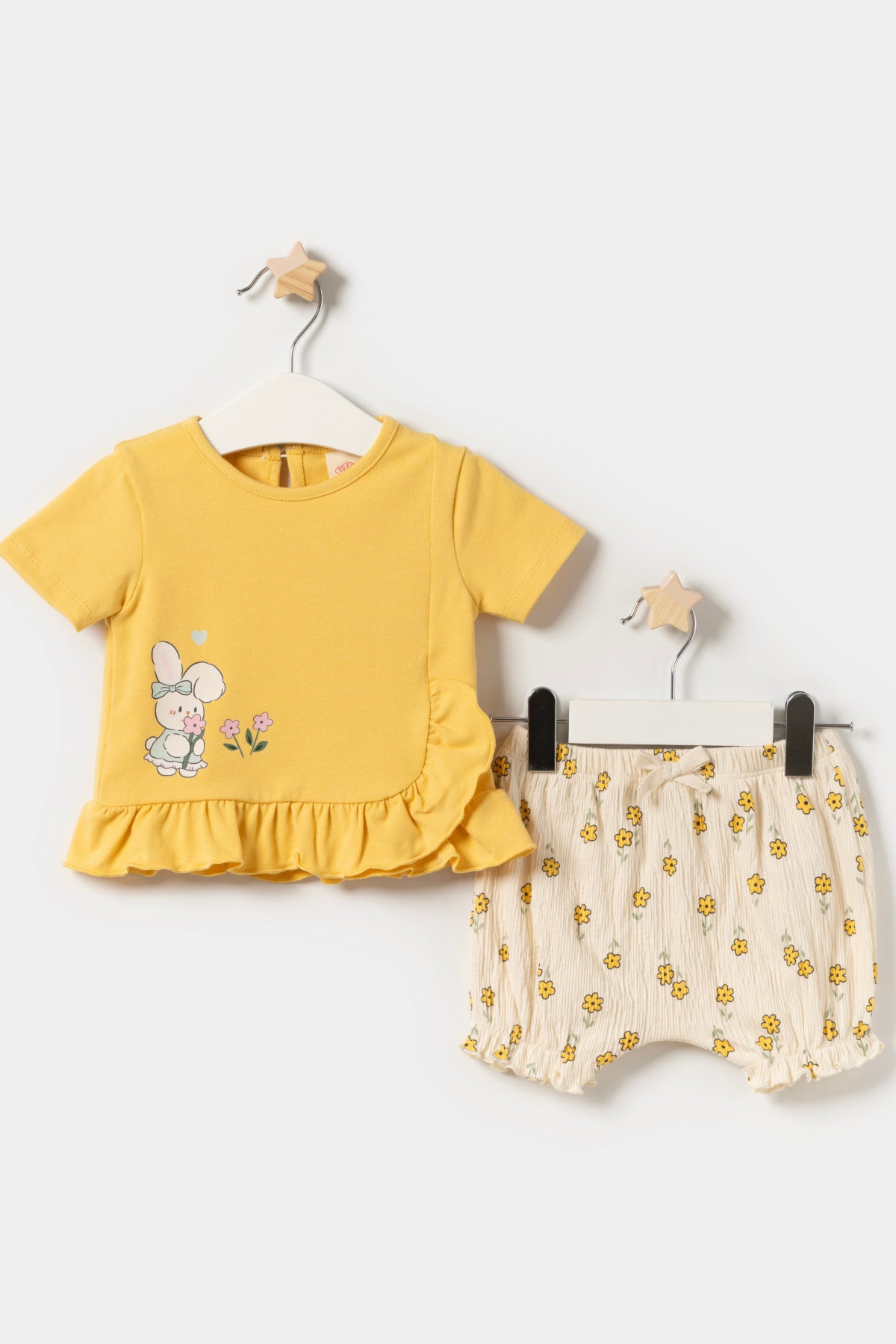 Kız Bebek T-shirt Örme Müslin Şortlu Yazlık İkili Takım Sarı