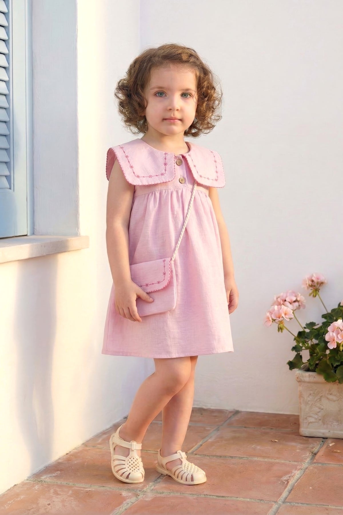 Kız Bebek Yakası Nakışlı Çantalı Elbise Pembe