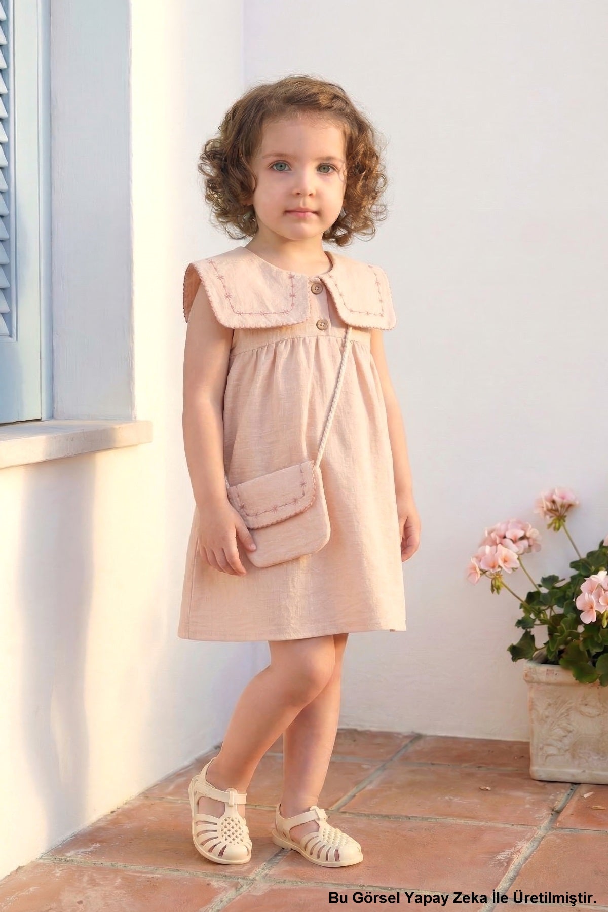 Kız Bebek Yakası Nakışlı Çantalı Elbise Pudra