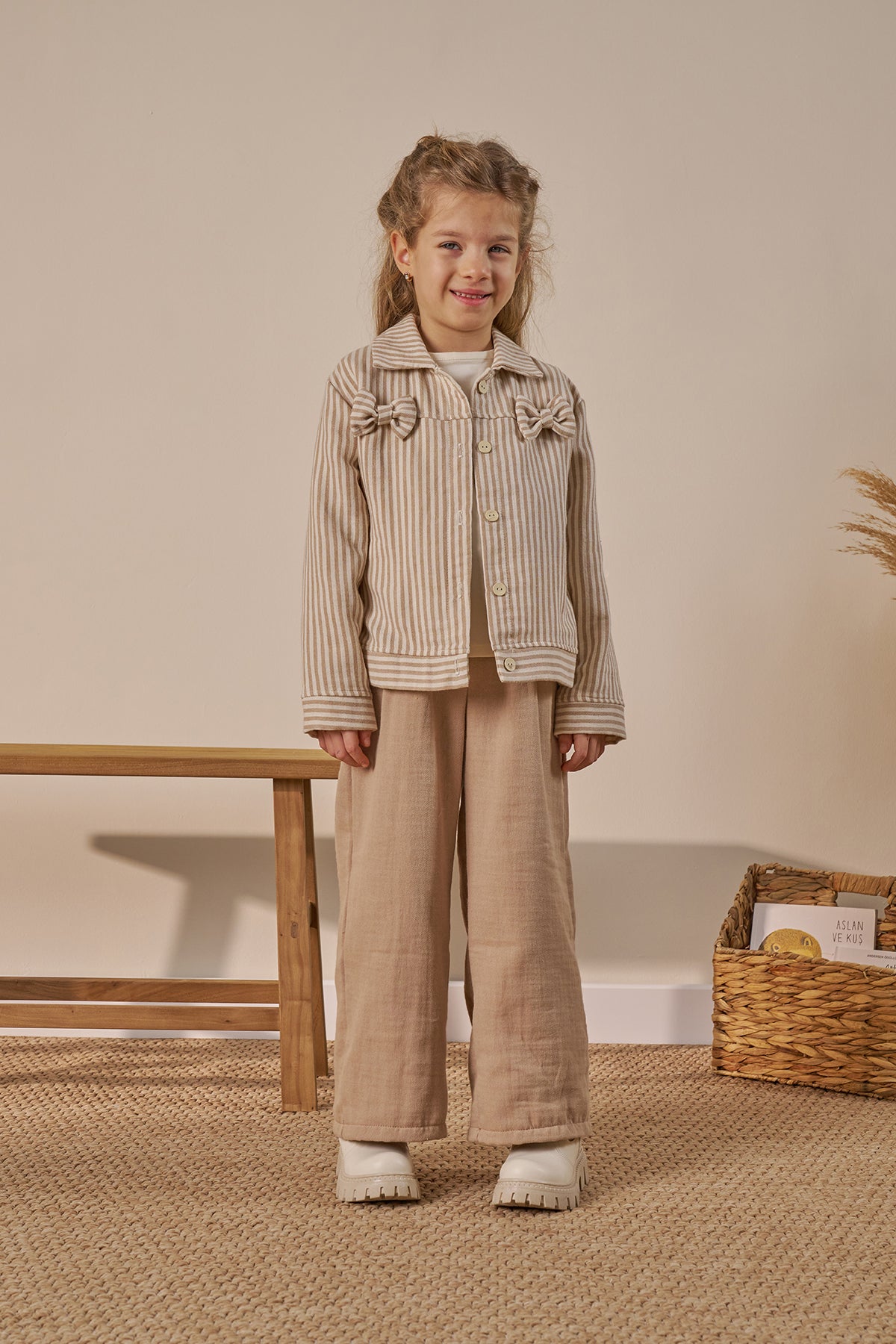 Kız Çocuk Alt Üst Takım Çizgili Bayramlık 3'lü Kahverengi