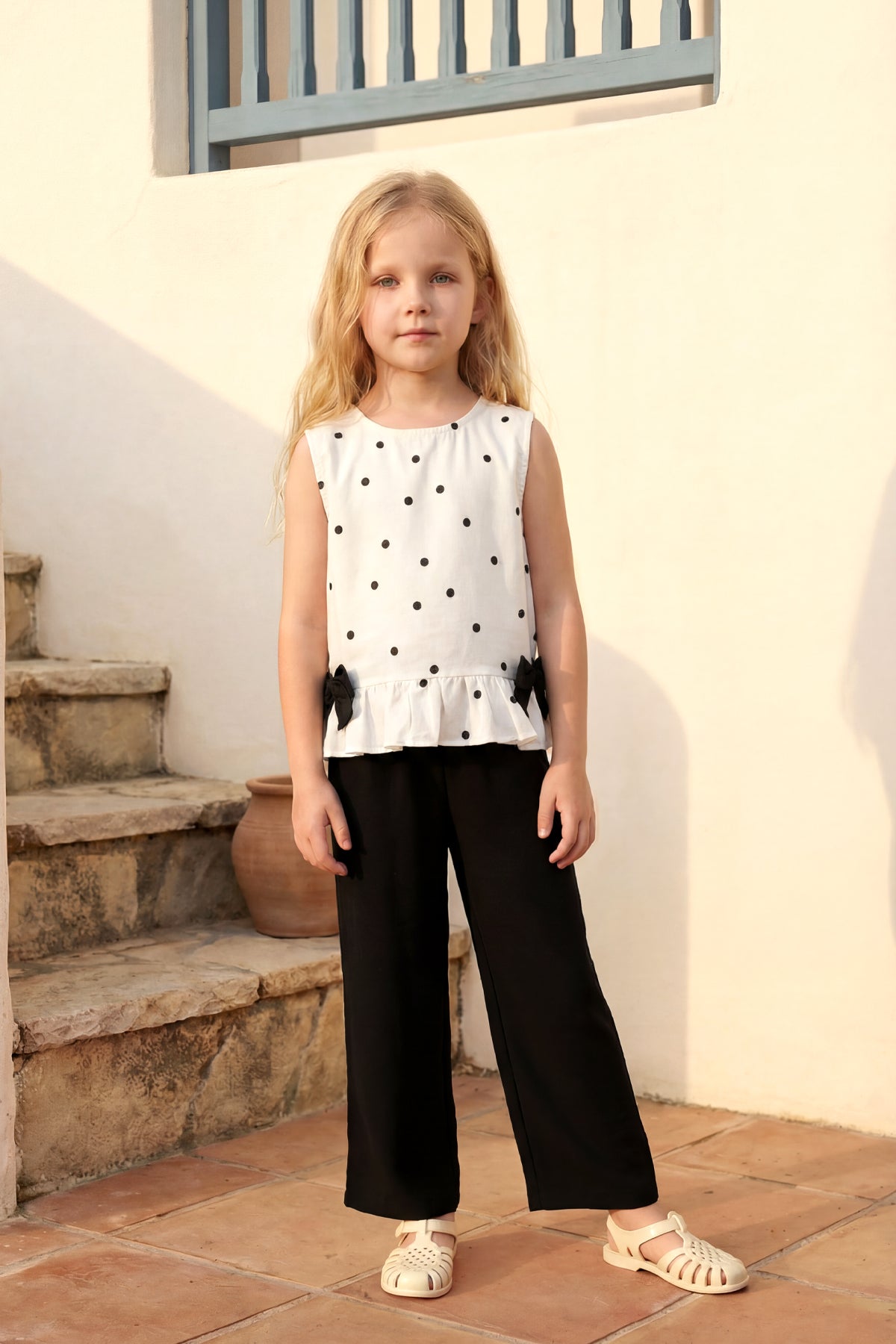 Kız Çocuk Alt Üst Takım Yazlık Kolsuz Fiyonk Detaylı Puantiyeli Ekru