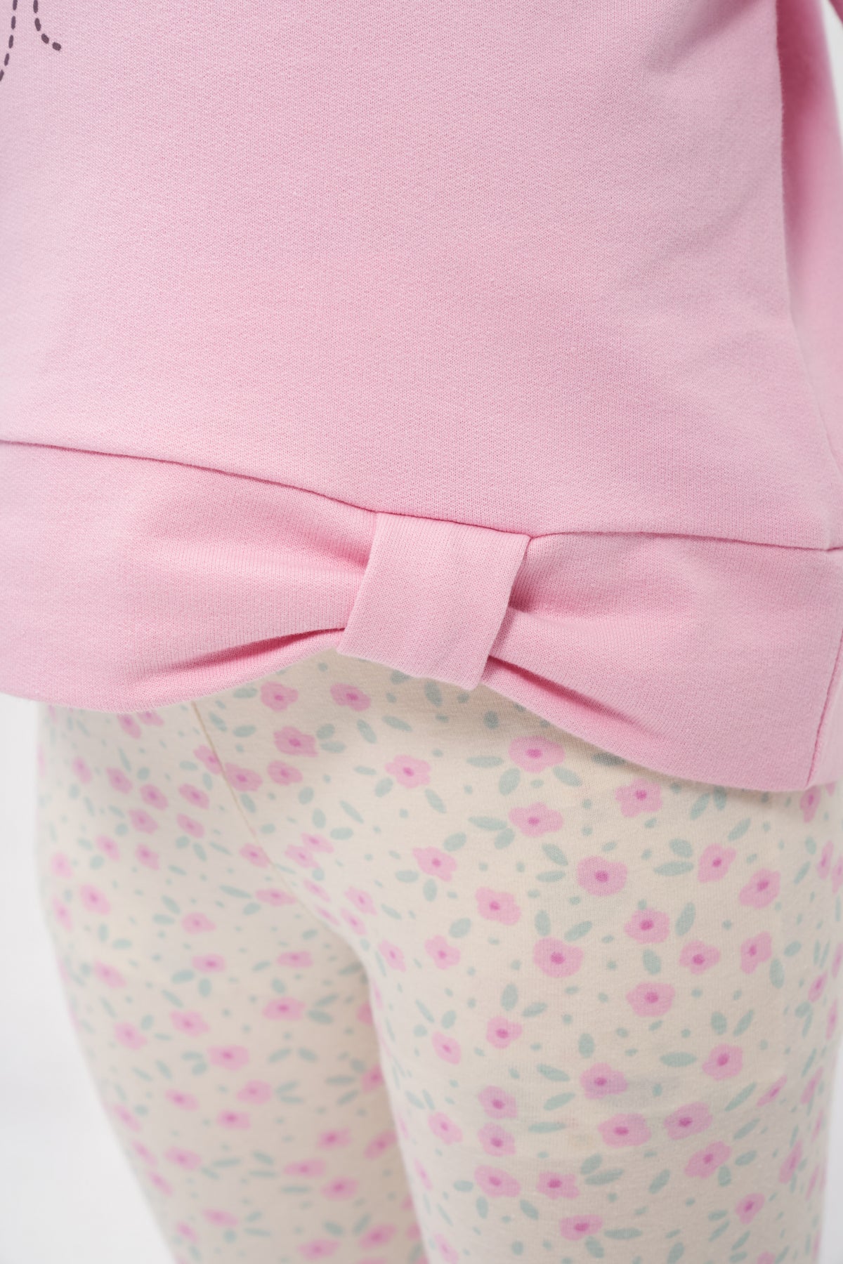 Kız Çocuk Baskılı Beli Fiyonklu Taytlı İkili Takım Açık Pembe