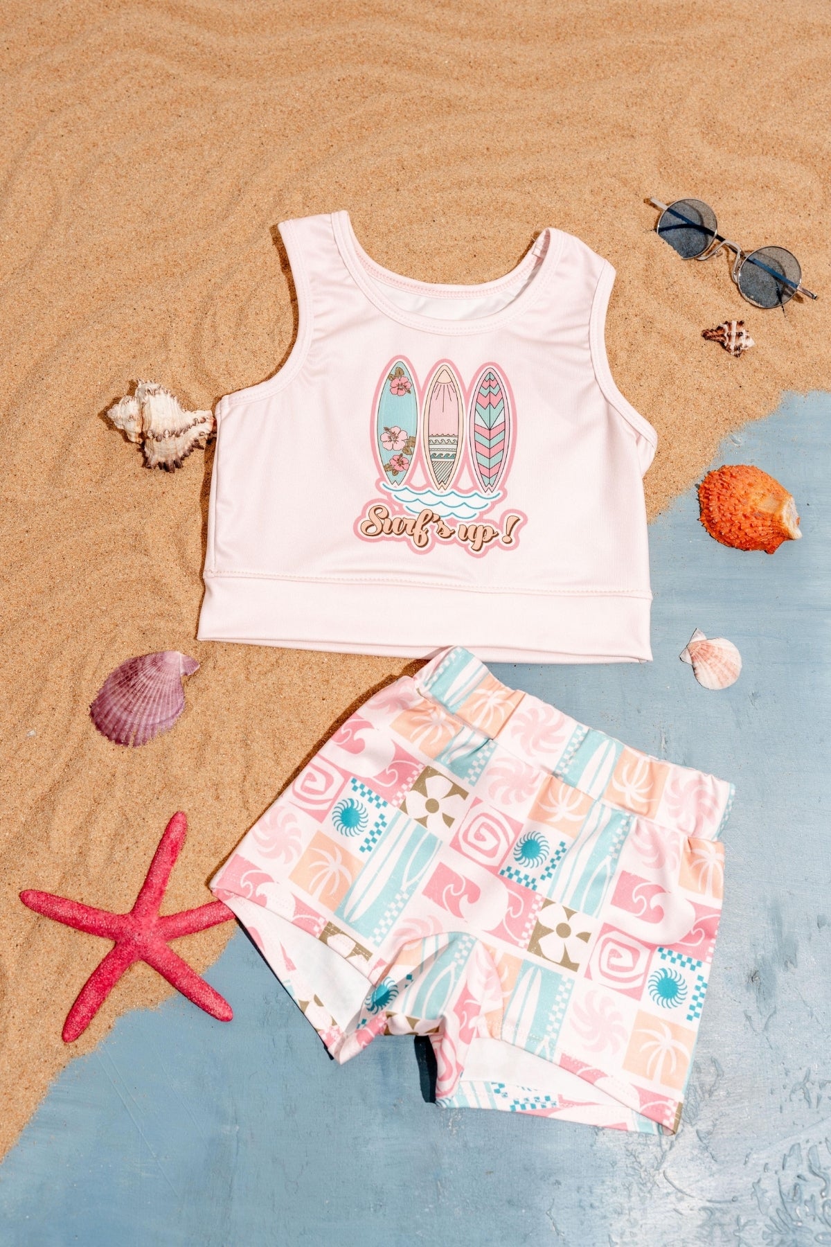 Kız Çocuk Baskılı Crop Mayo Bikini Takımı Toz Pembe