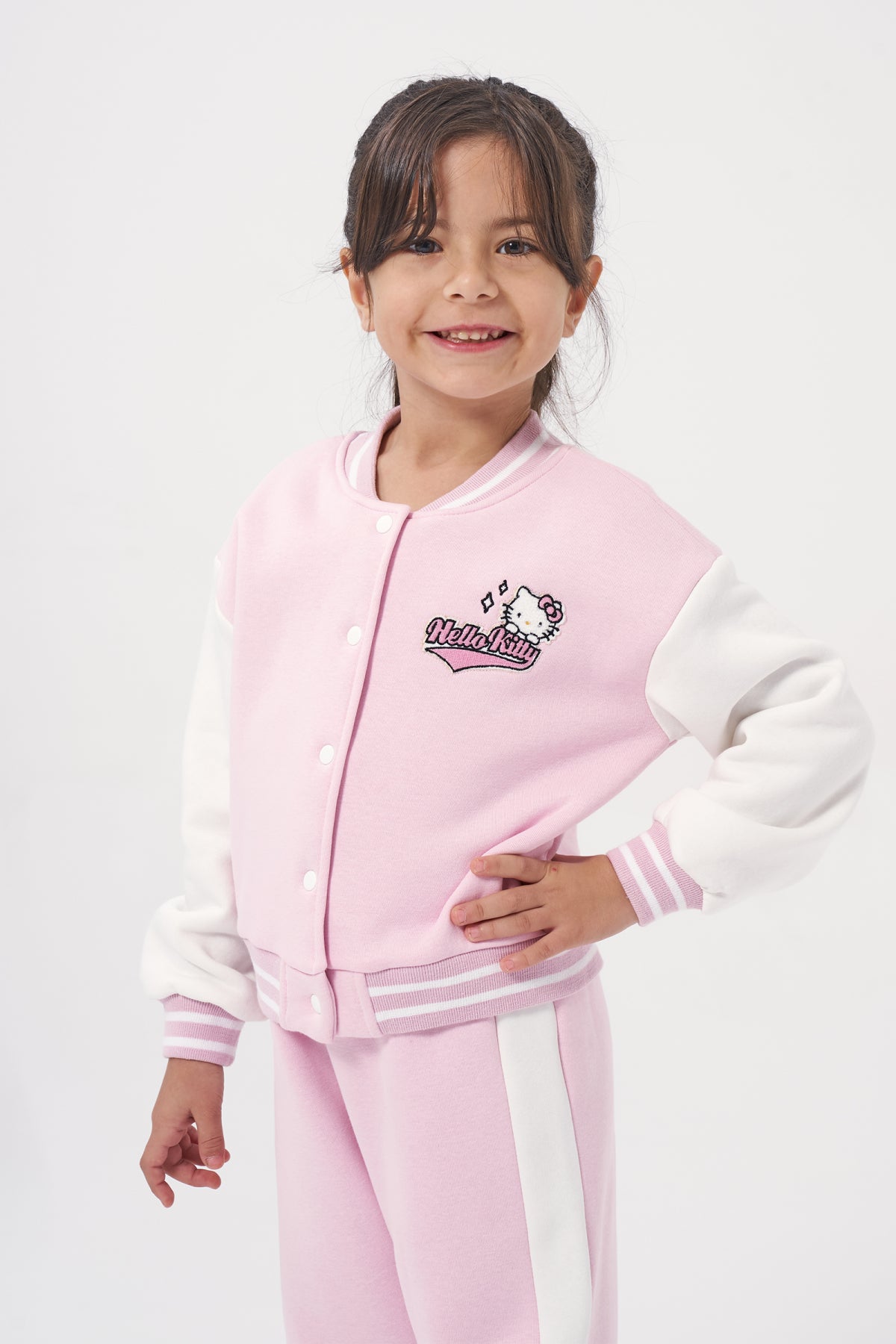 Kız Çocuk Baskılı Kolej Ceketli Kışlık Eşofman Takımı Açık Pembe