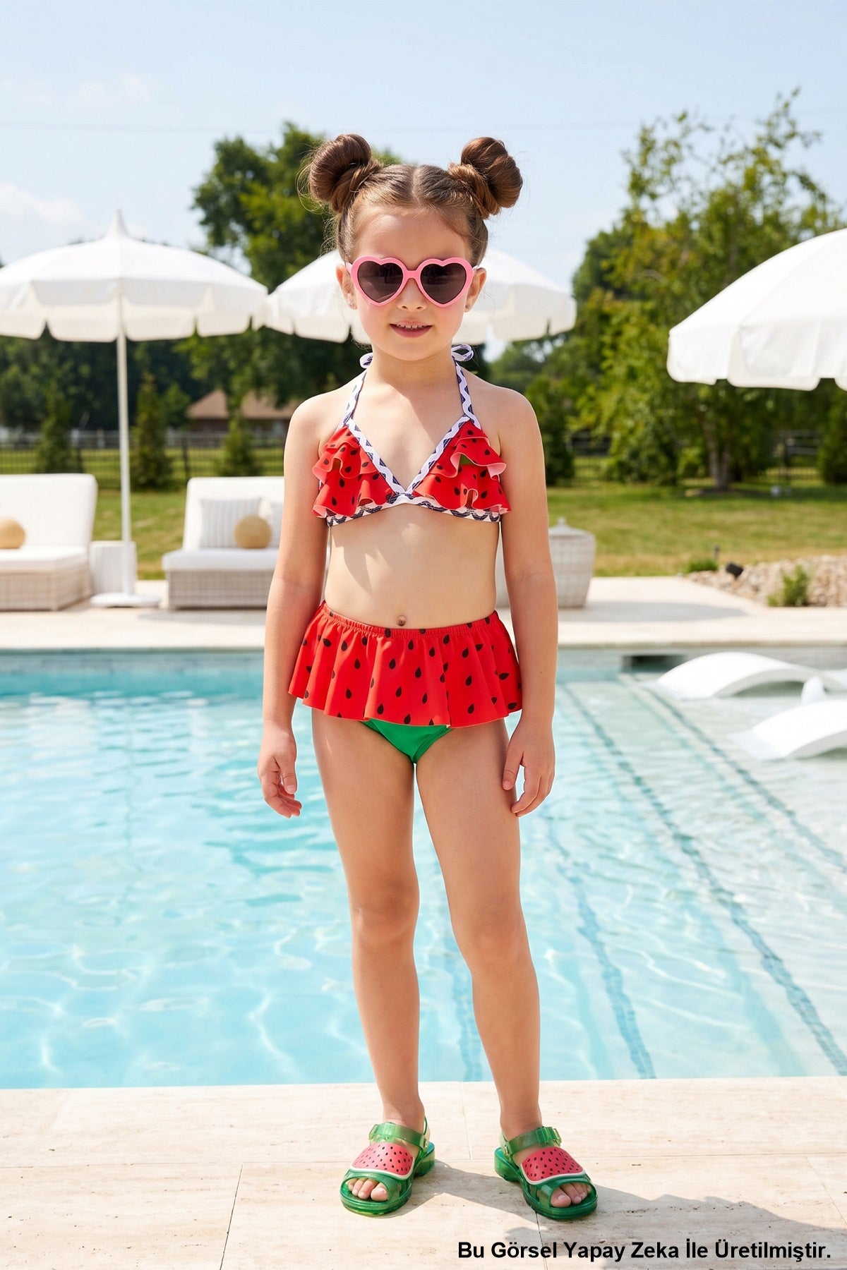 Kız Çocuk Bikini Takımı Üçgen Karpuz Desenli Kırmızı-Yeşil