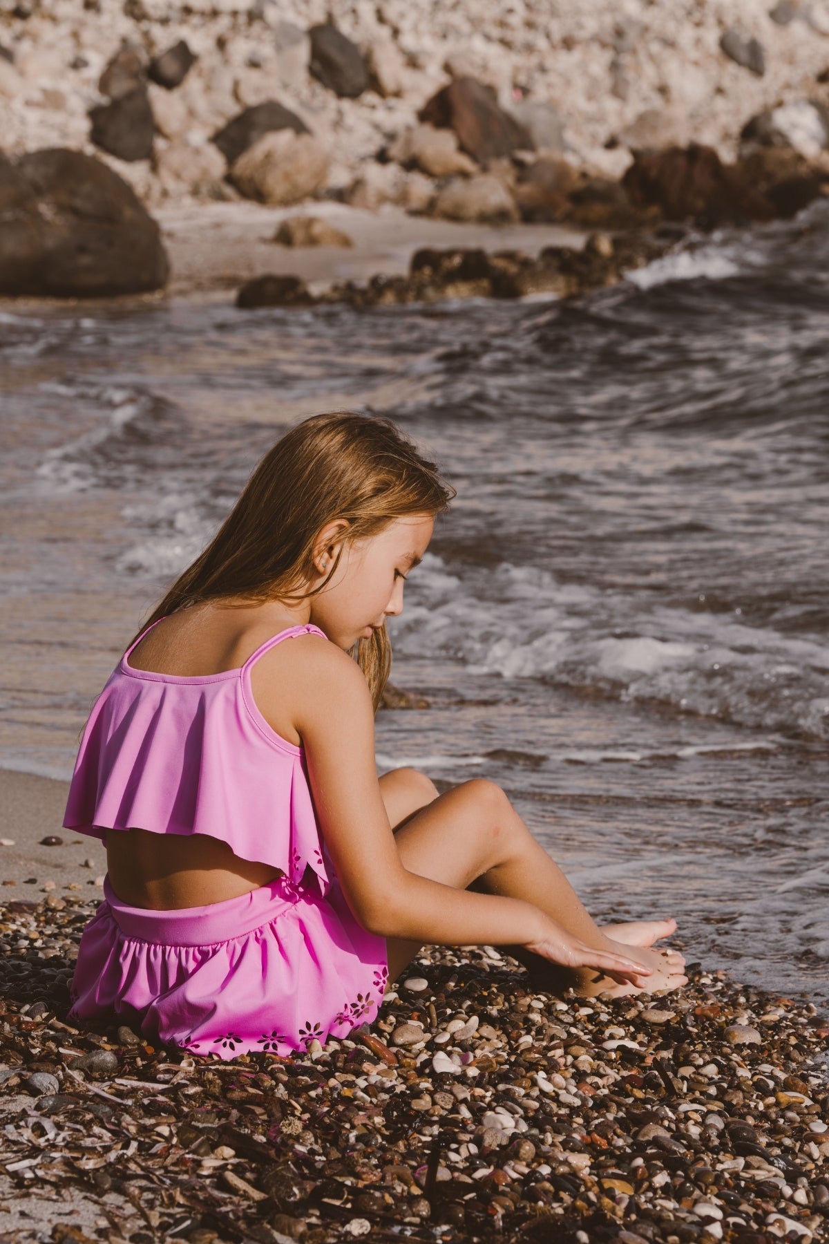Kız Çocuk Brode Çiçekli Bikini Takımı Gül Kurusu