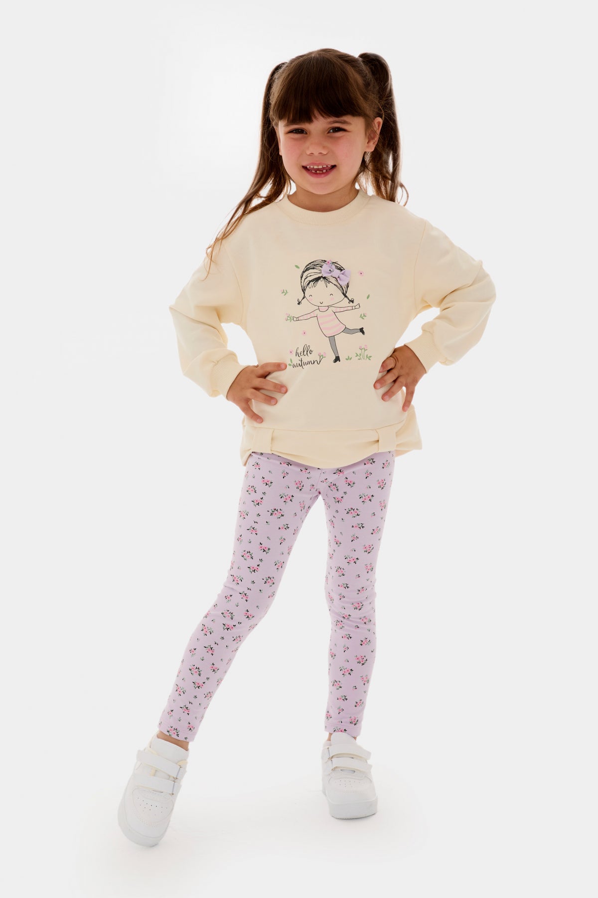 Kız Çocuk Çiçekli Sweatshirt Ve Tayt Pamuklu Alt Üst Takım Lila